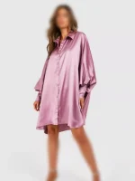 پیراهن مانتویی ساتنSATIN OVERSIZED BATWING BALLOON SLEEVE - Image 3
